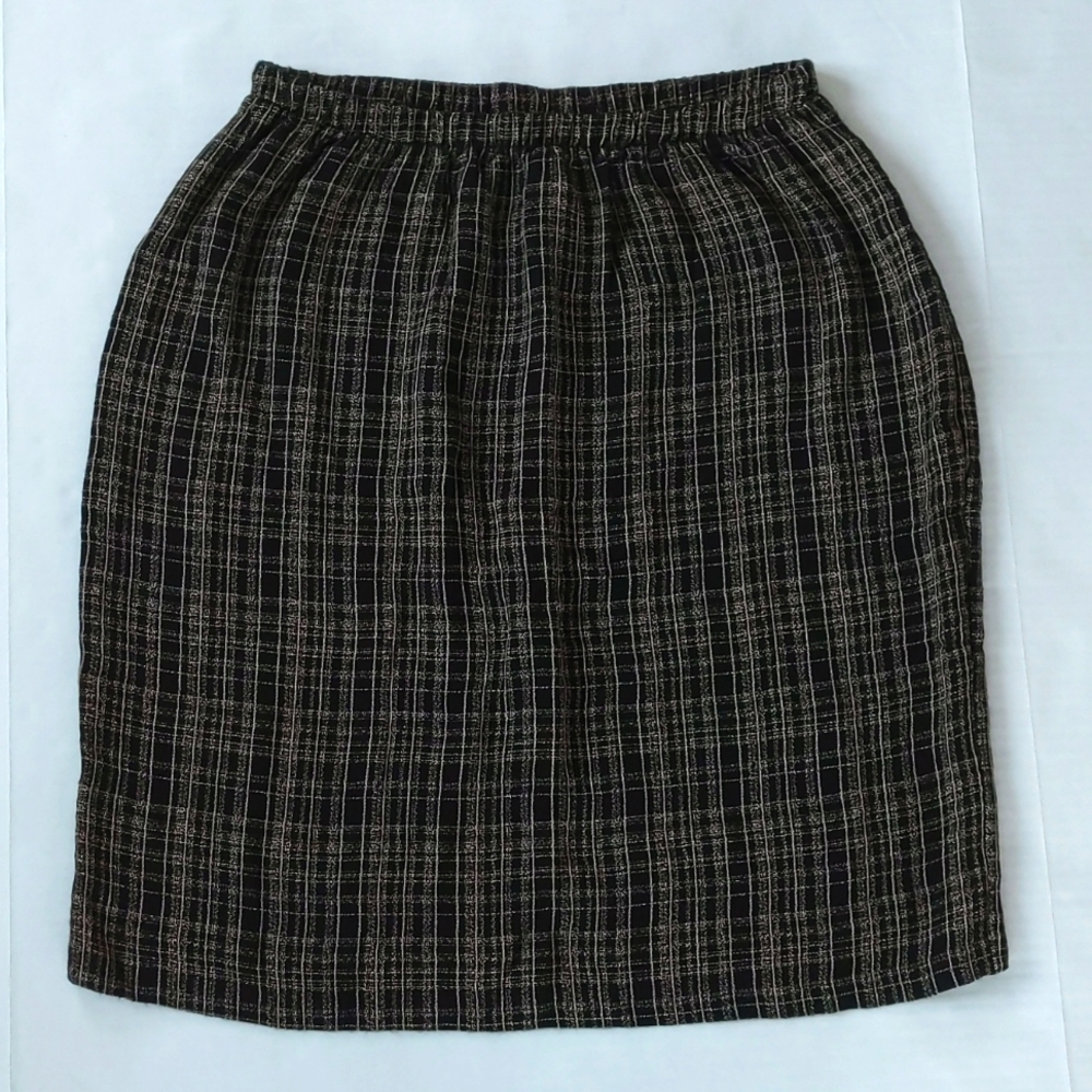 Vintage More Promises Rayon Checkered Skirt 18W Petite Black Tan